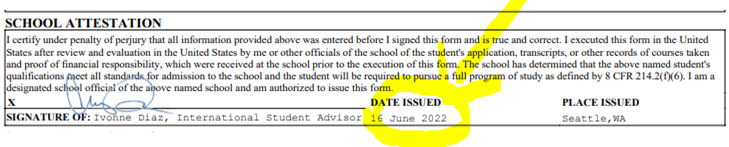 Date Issued section on I-20